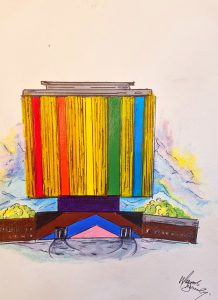 Artwork by Mark Barclay. Colourful illustration of Belfast City Hospital's Tower Block.