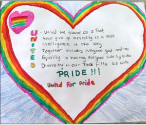 Poem by Colleen Copeland. United we stand as a Trust. Never give up mentality is a must. Intelligence is the key. Together includes everyone, you and me. Equality is having everyone side by side. Diversity in our Trust fills us with PRIDE. United for Pride.