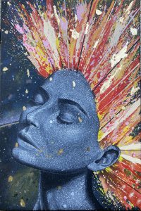 Artwork by Aidan Monaghan called “Aurora”. The original title is 60 x 40cm and painted with acrylic, oil paint and gold leaf. The image of the face was created entirely with small splashes of acrylic paint.