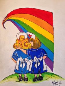 Artwork by Mark Barclay. Art illustrates two nurses facing a rainbow.