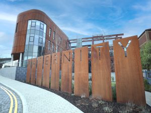 New maternity hospital signage in place outside the new hospital on the Royal Victoria Hospital site