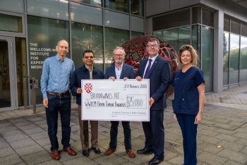 Main photo showing the team behind the collaborative project referenced in the article. From left to right, the 5 people in the photo are as follows: Professor David Simpson, Professor of Genomics, Professor Charuhas Thakar, Centre Director, WWEIM, Colin McMillan, Chair of Brainwaves NI, Professor Ian Bruce, Faculty Pro-Vice-Chancellor, Medicine, Health and Life Sciences and Dr Estelle Healy, Consultant Neuropathologist with the Belfast Health and Social Care Trust