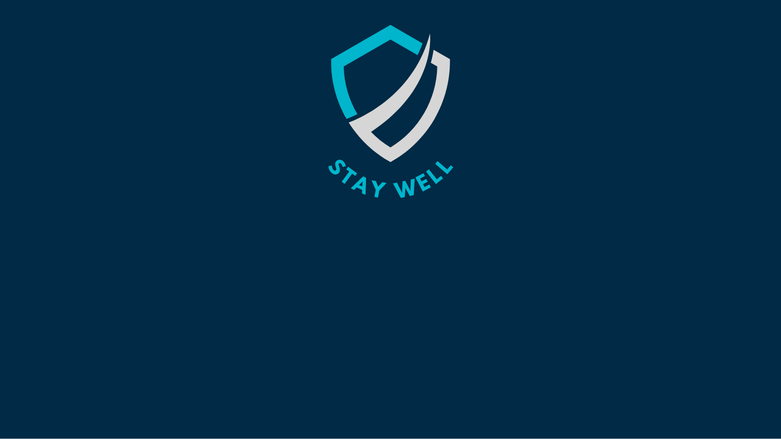 Icon of the 'Stay Well' shield with teal blue and grey colours in the shield icon itself. The background to the shield image is navy blue