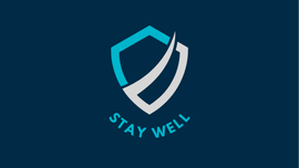 Icon of the 'Stay Well' shield with teal blue and grey colours in the shield icon itself. The background to the shield image is navy blue.