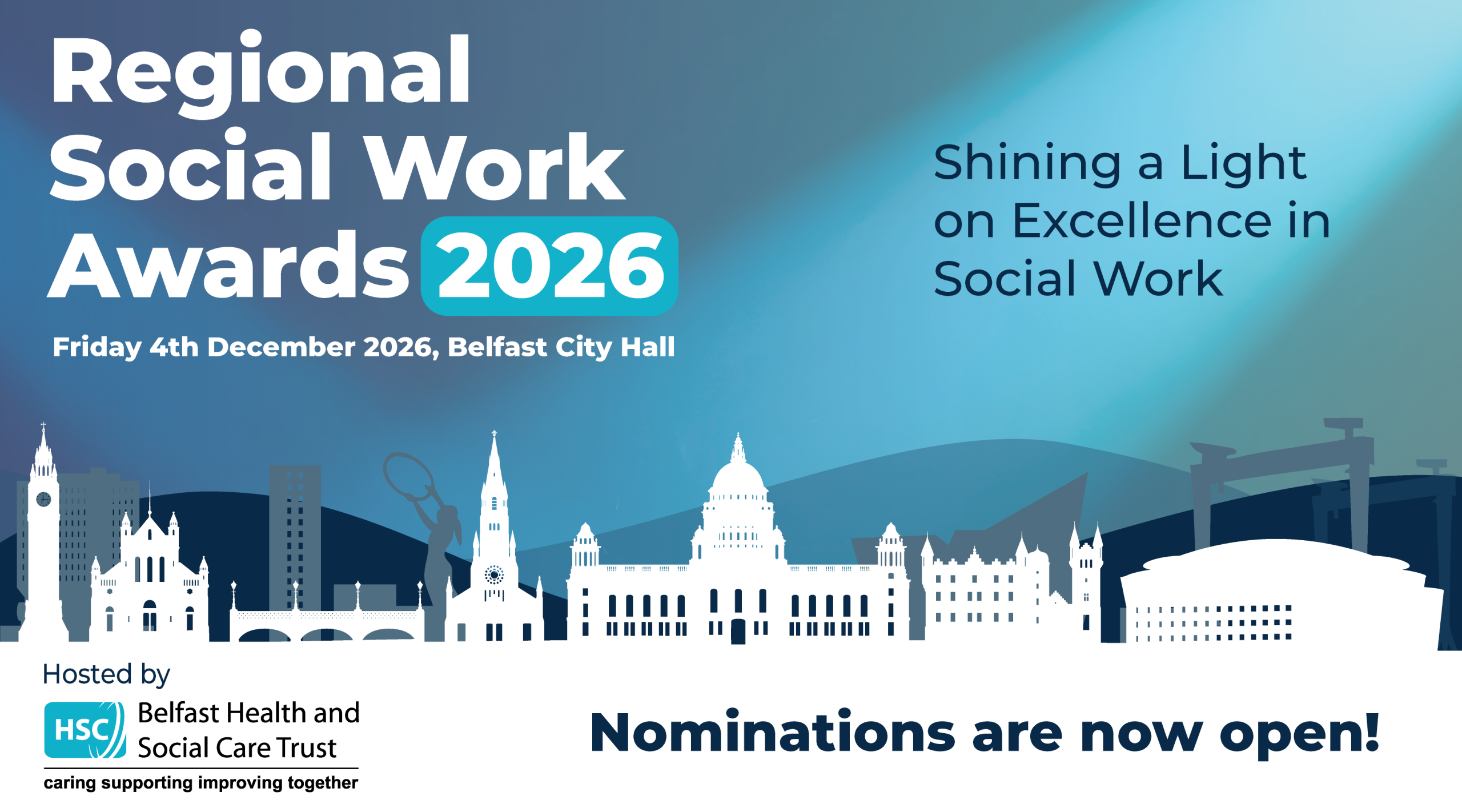 Regional Social Work Awards 2026 banner displaying an illustration of the Belfast skyline